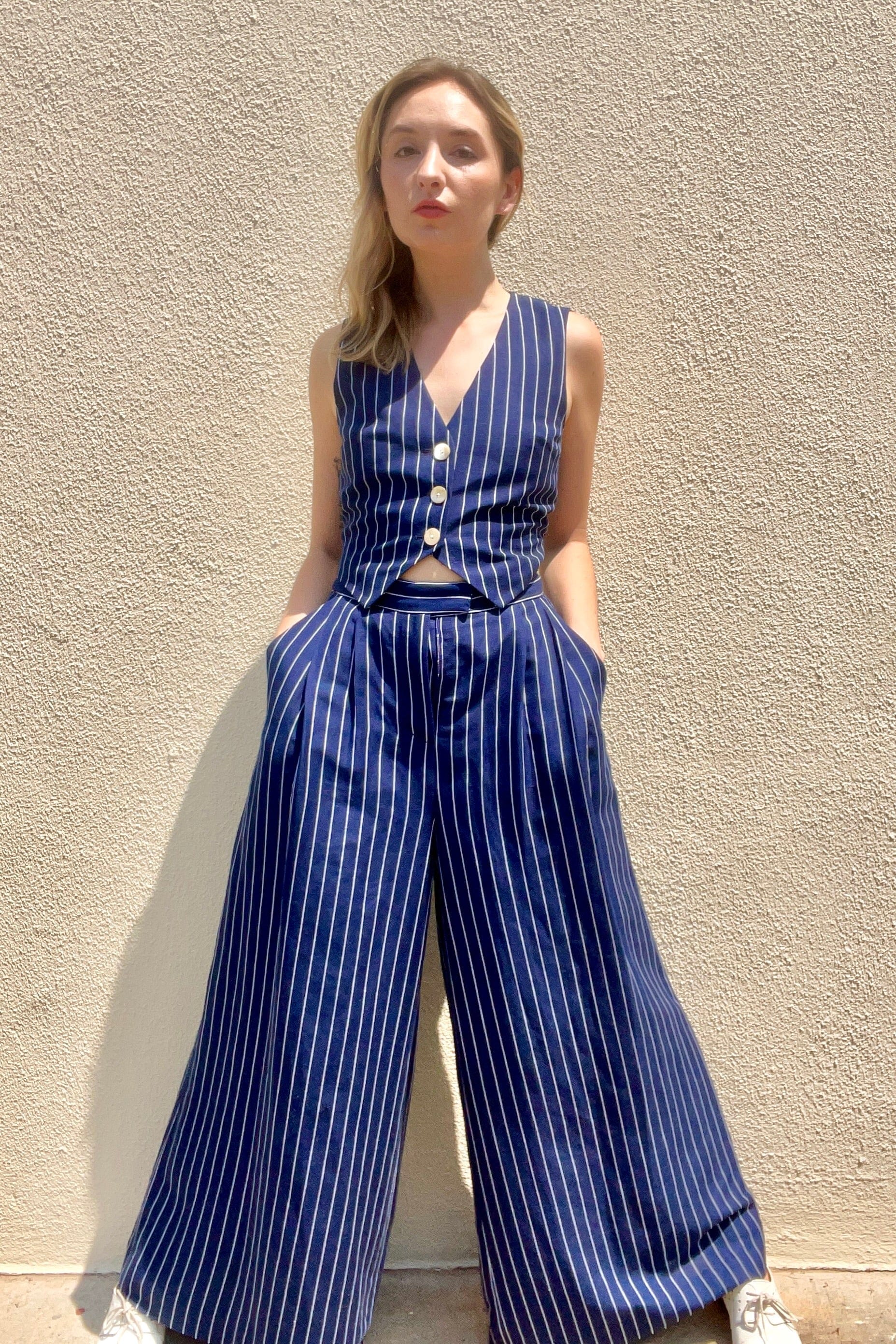 Katherine Wide Leg Pant in Midnight Stripe Pants CHRISTINE ALCALAY