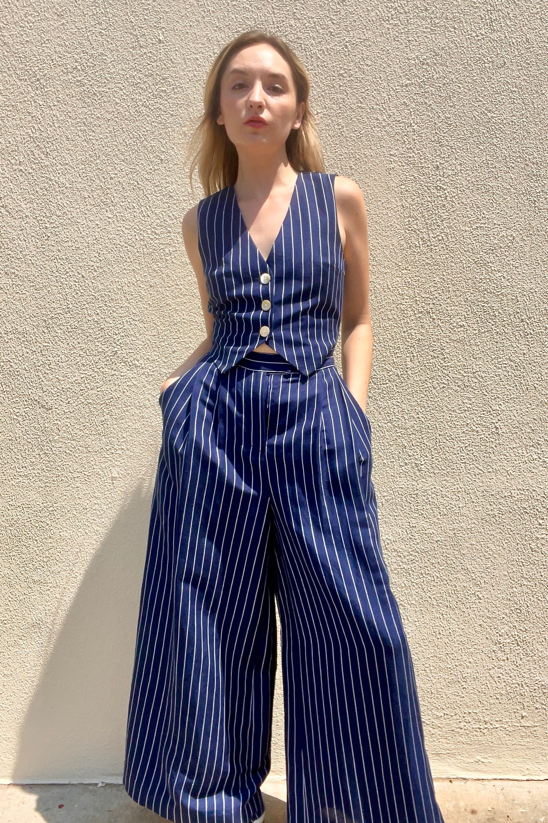 Katherine Wide Leg Pant in Midnight Stripe Pants CHRISTINE ALCALAY Midnight Stripe 0