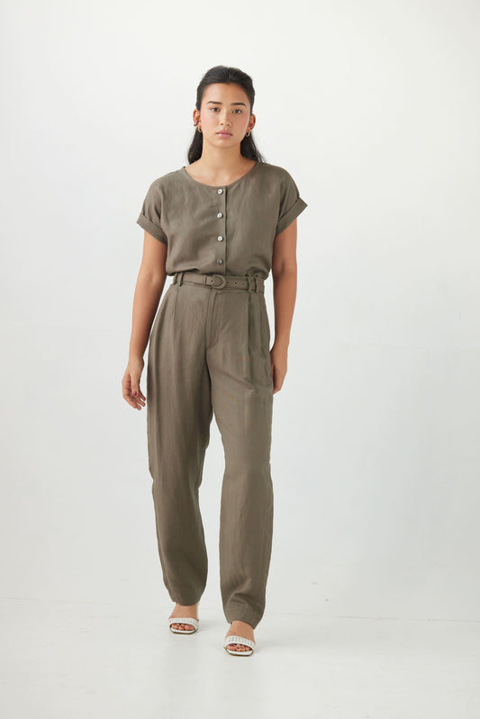 Sophia Tapered Pant in Linen Pants CHRISTINE ALCALAY Olive 0