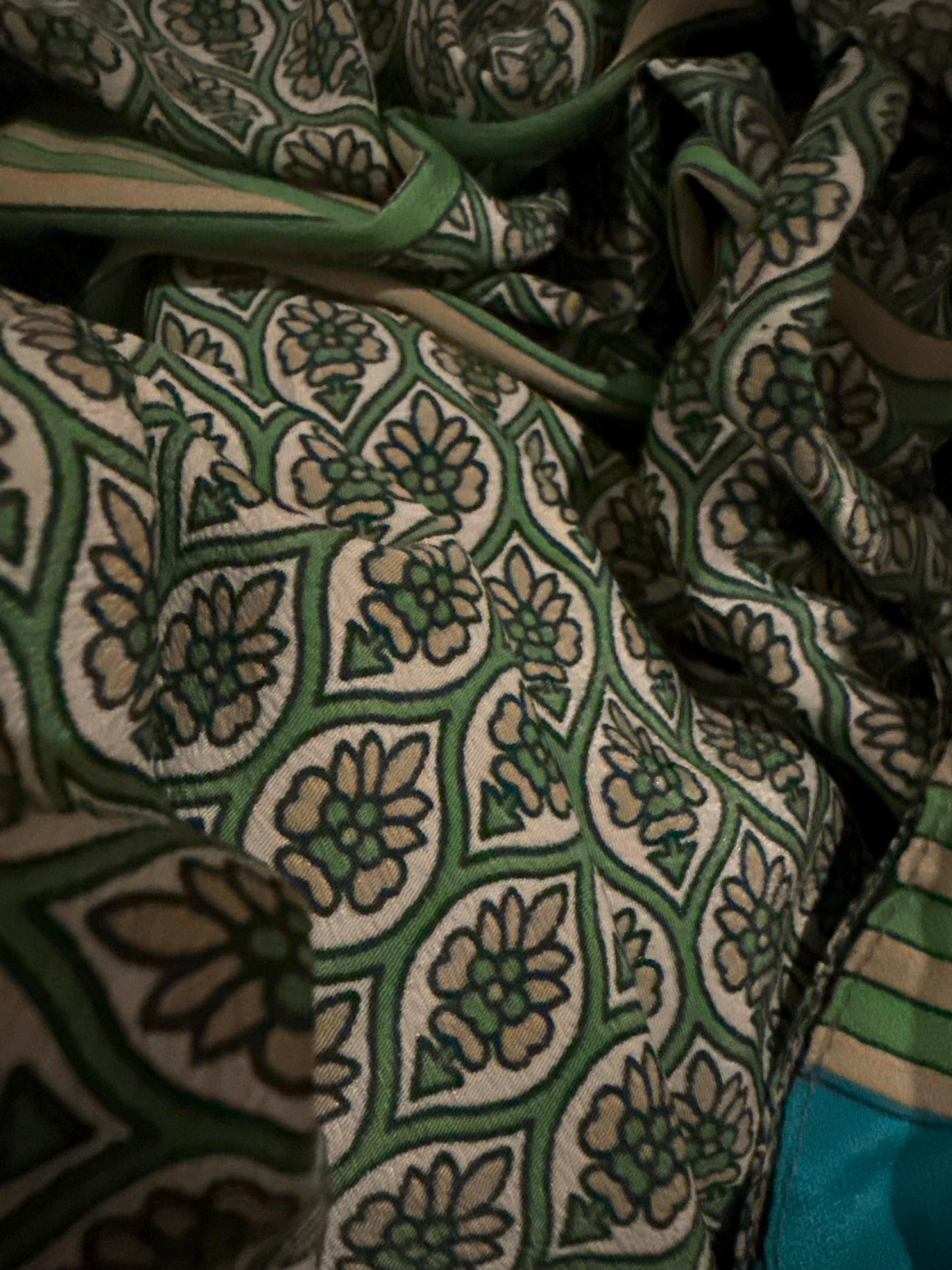 Vintage Silk Kimonos Robes CHRISTINE ALCALAY Floral Block print Motif (green aqua & tan)