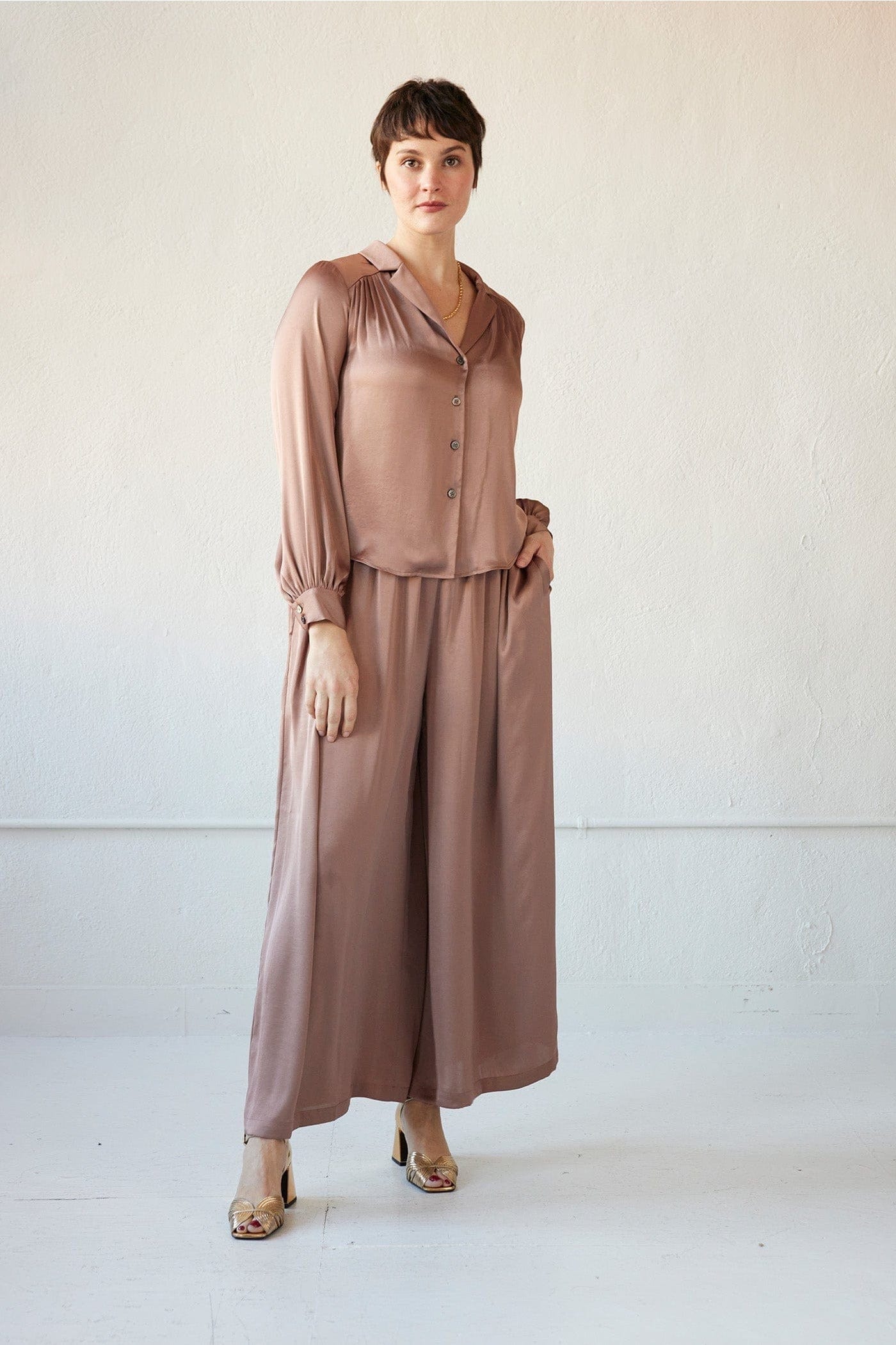Gretchen Pant in Japanese Charmeuse - Biscotti Brown Pants CHRISTINE ALCALAY Biscotti Brown XS/S
