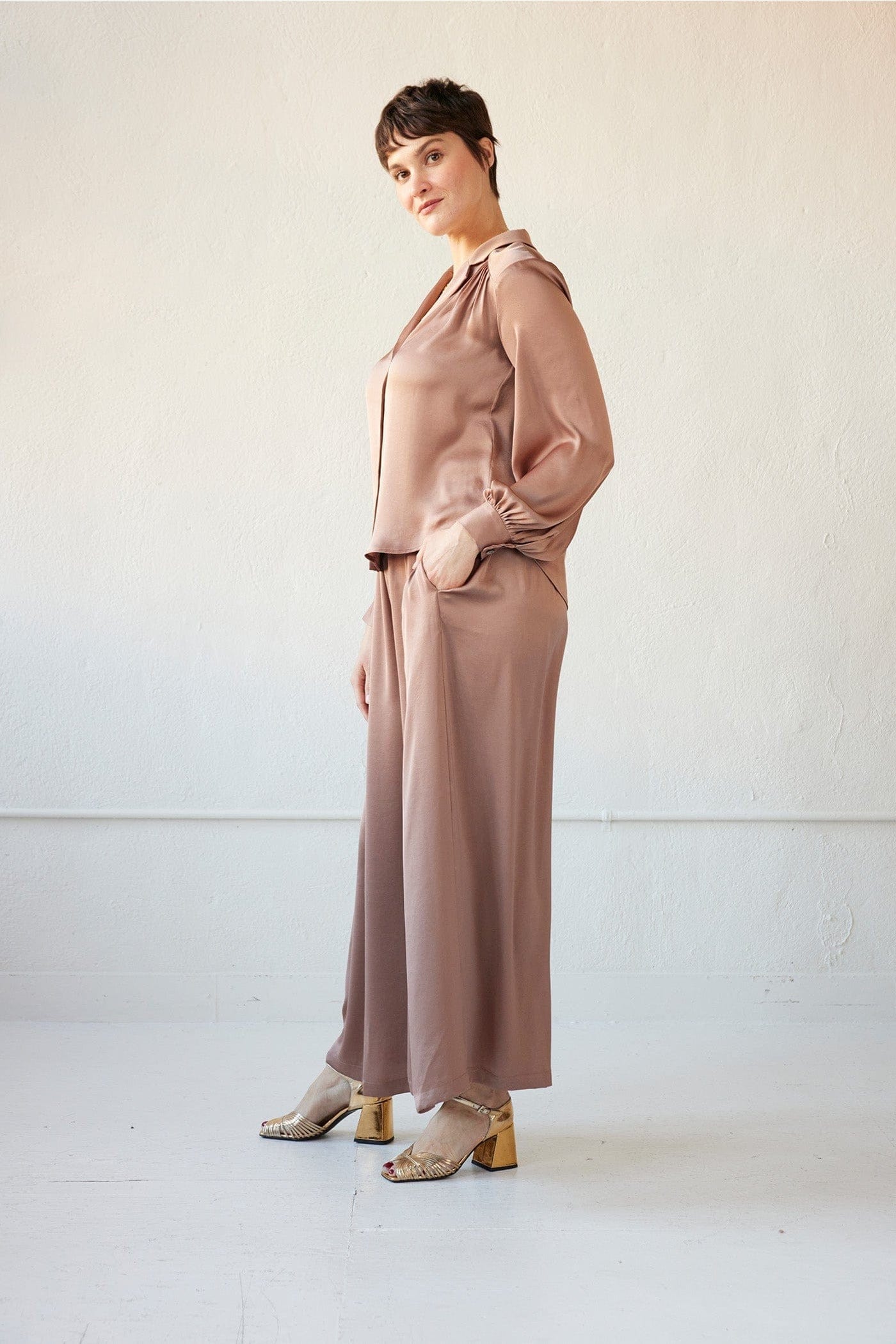 Gretchen Pant in Japanese Charmeuse - Biscotti Brown Pants CHRISTINE ALCALAY