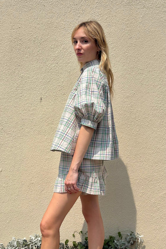 Una Shorts in Oyster Plaid Cotton Shorts CHRISTINE ALCALAY Oyster Plaid Extra Small