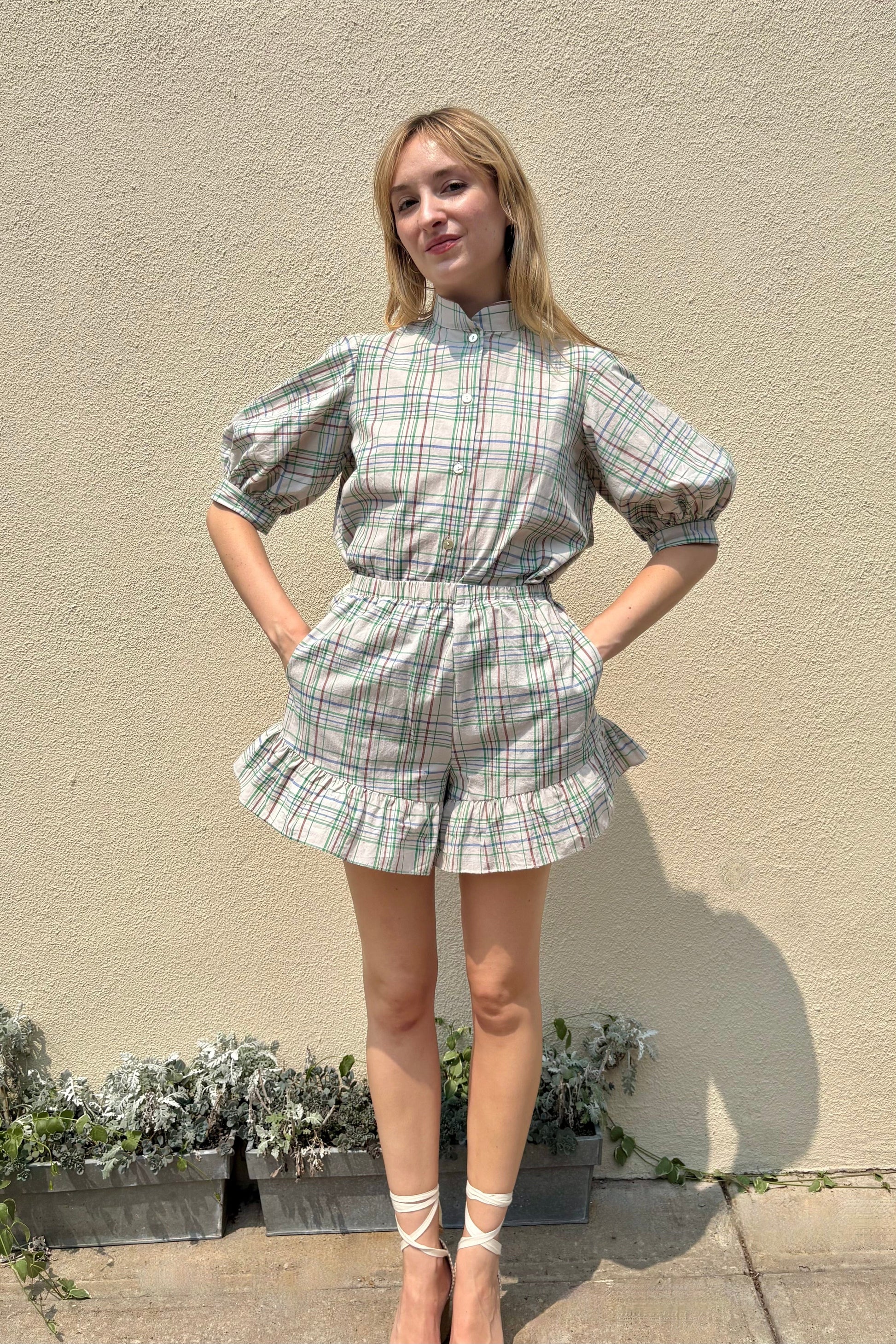 Una Shorts in Oyster Plaid Cotton Shorts CHRISTINE ALCALAY