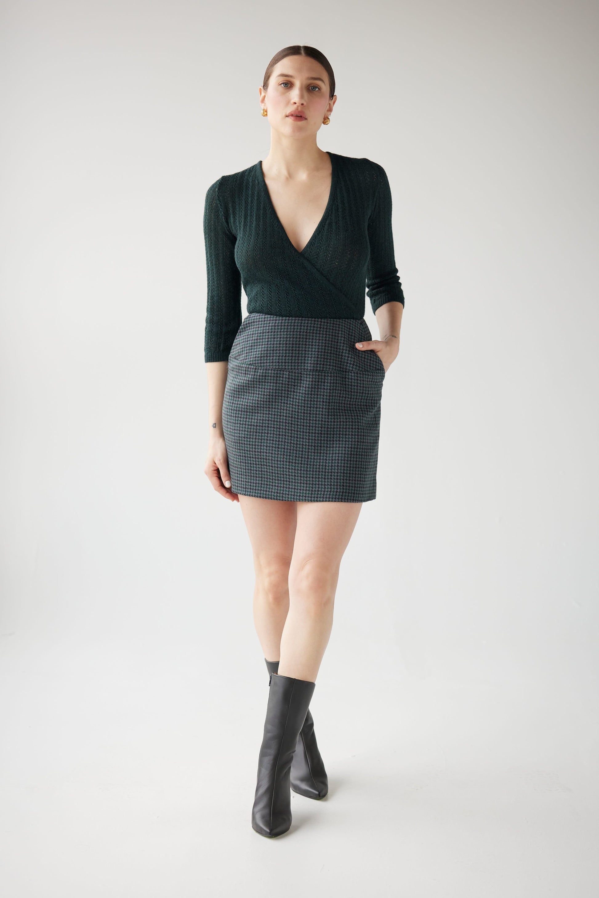 Zhenya Skirt in Evergreen Houndstooth Wool Skirts CHRISTINE ALCALAY