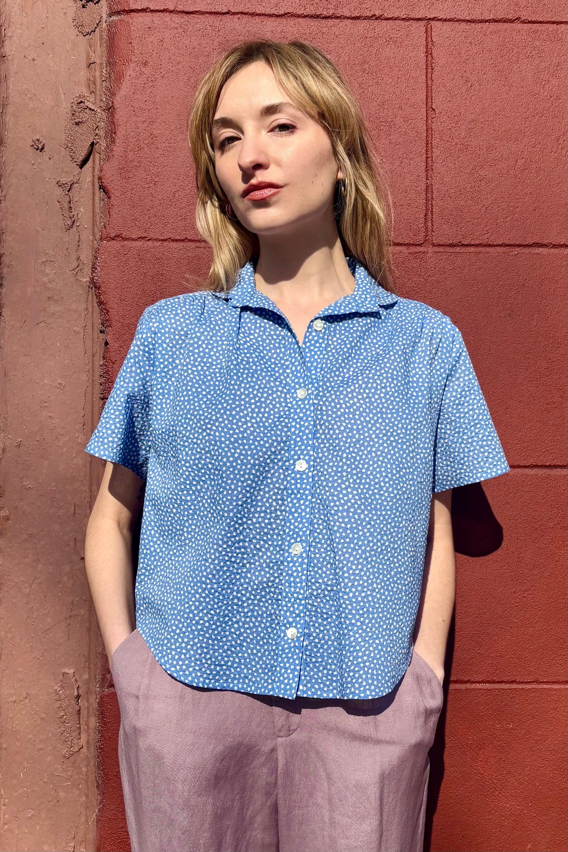Georgina Blouse in Cotton Pebble Print Tops CHRISTINE ALCALAY Blue Pebble Extra Small