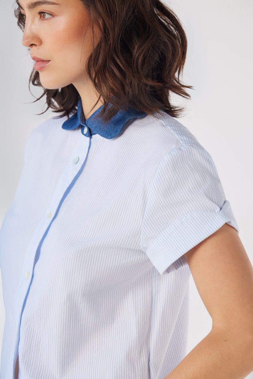 Flora Blouse in Blue Stripe Seersucker Tops CHRISTINE ALCALAY Blue Stripe Extra Small