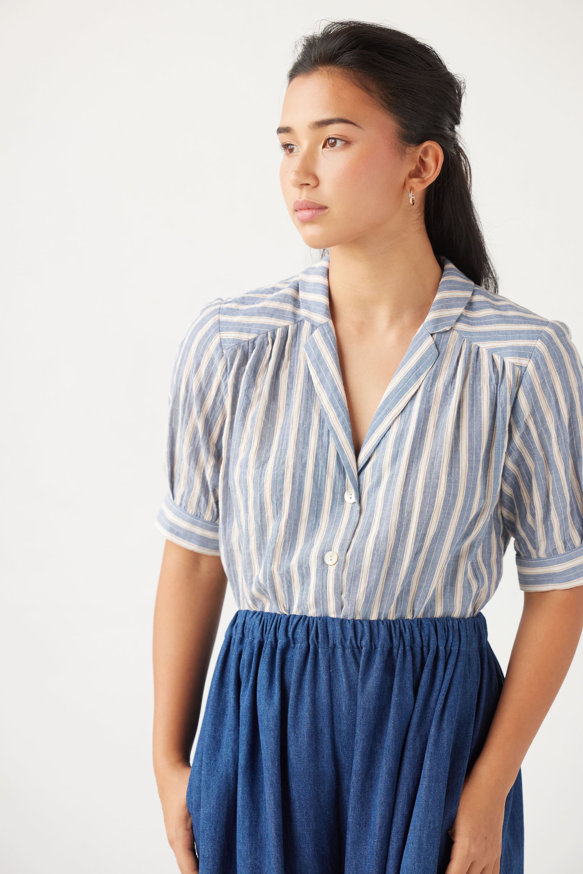 Katherine Blouse in Striped Cotton Tops CHRISTINE ALCALAY Blue Stripe Extra Small 