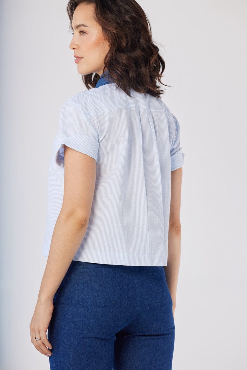 Flora Blouse in Blue Stripe Seersucker Tops CHRISTINE ALCALAY