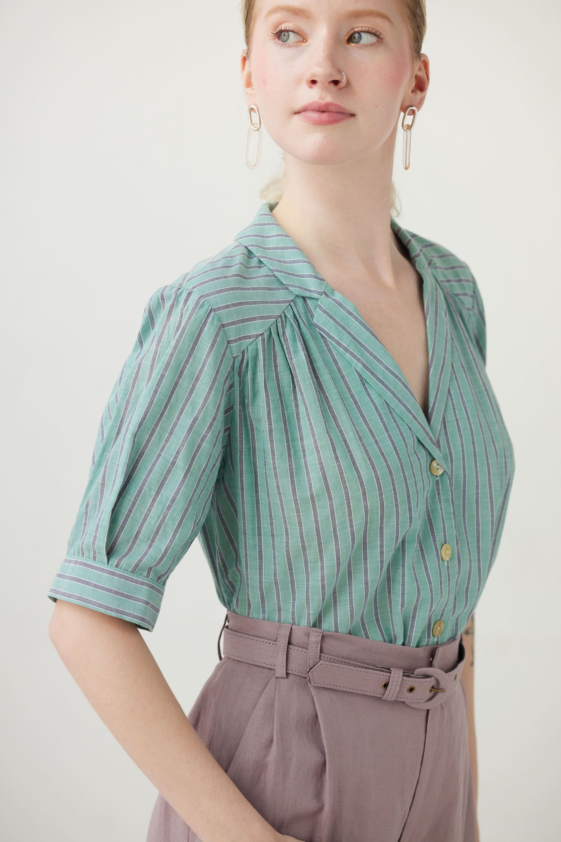 Katherine Blouse in Striped Cotton Tops CHRISTINE ALCALAY Green Stripe Small 