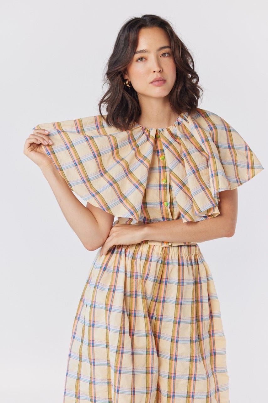 Izzy Blouse in Lemon Yellow Plaid Cotton Blend Tops CHRISTINE ALCALAY Lemon Yellow Plaid Extra Small