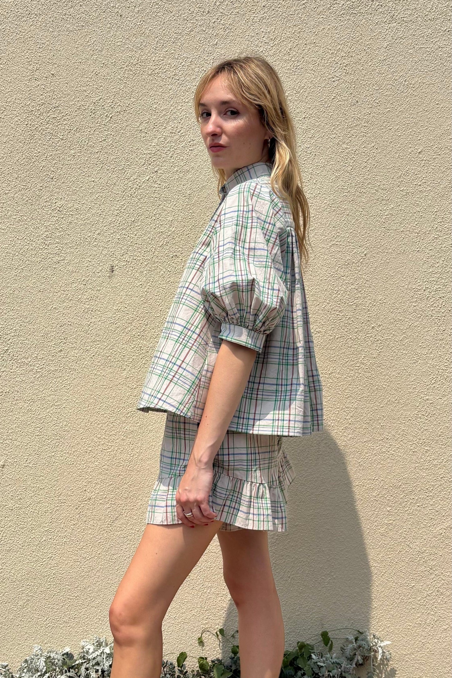 Livia Blouse in Oyster Plaid Tops CHRISTINE ALCALAY