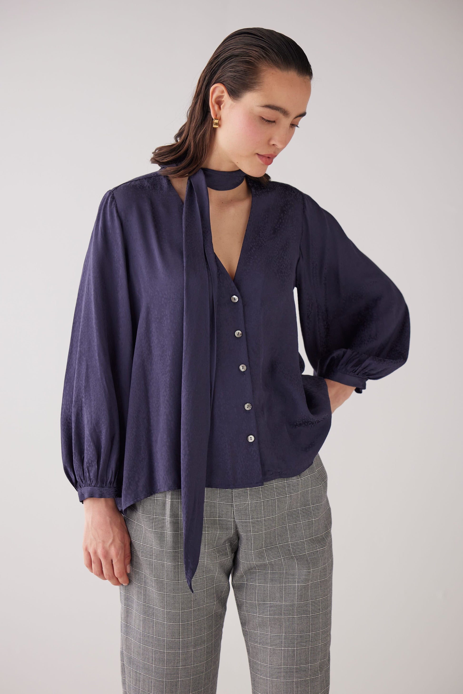 Trish Blouse in Leopard Jacquard Tops CHRISTINE ALCALAY Navy Extra Small
