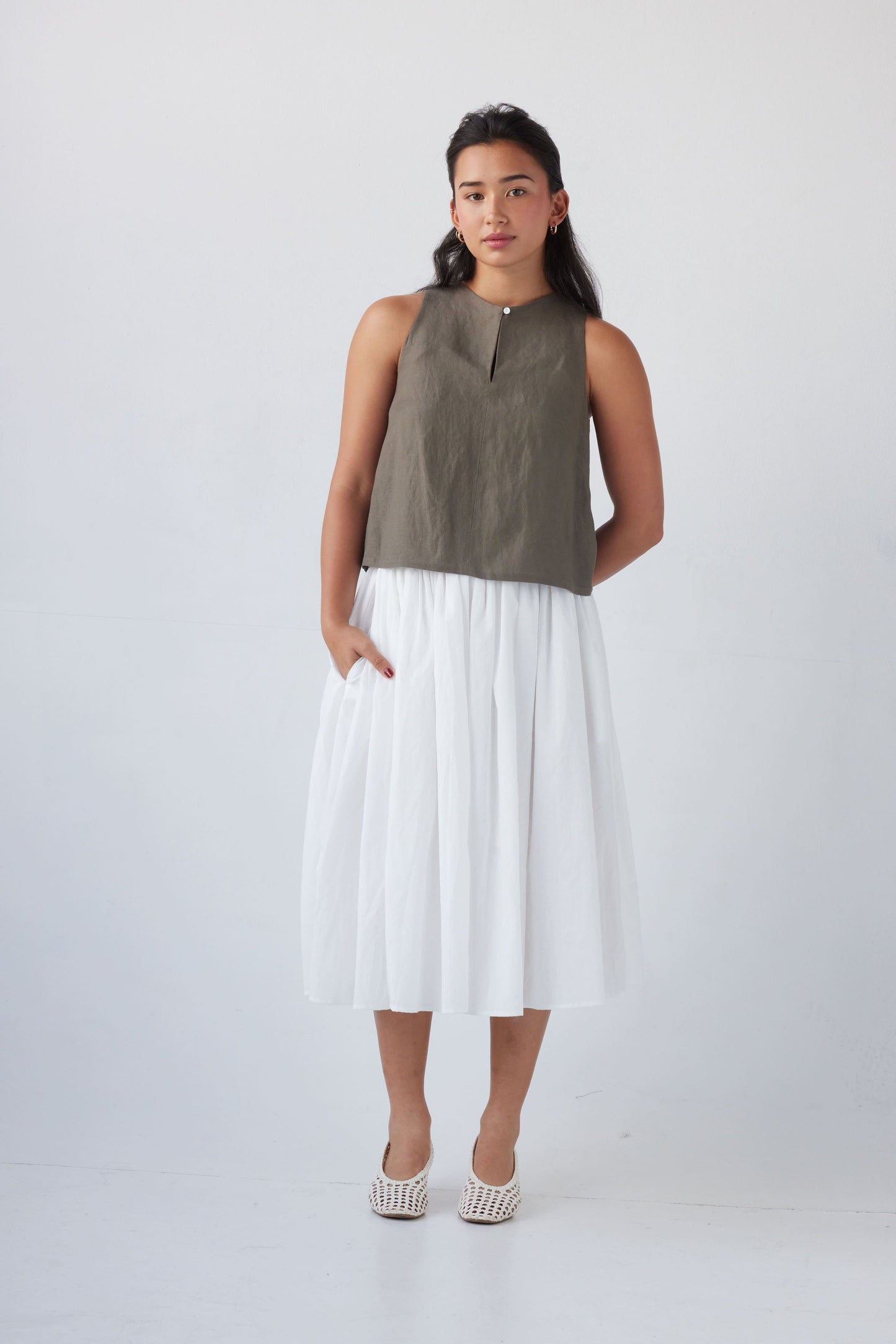 Ina Tank in Linen Blend Tops CHRISTINE ALCALAY Olive Extra Small 