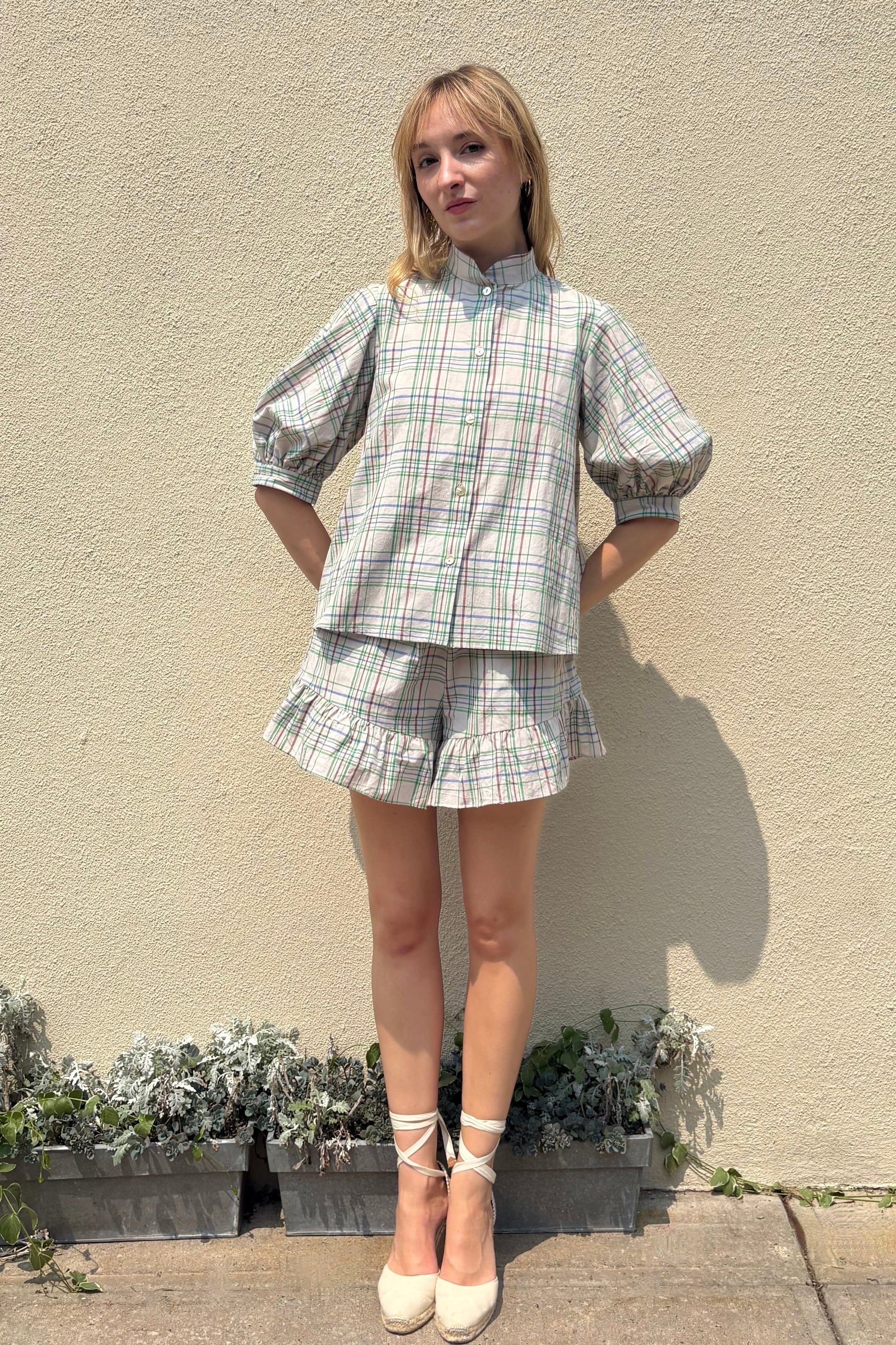 Livia Blouse in Oyster Plaid Tops CHRISTINE ALCALAY Oyster Plaid Extra Small