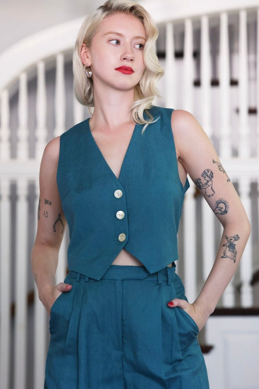Diane Tailored V Neck Vest in Linen Vests CHRISTINE ALCALAY Adriatic Extra Small