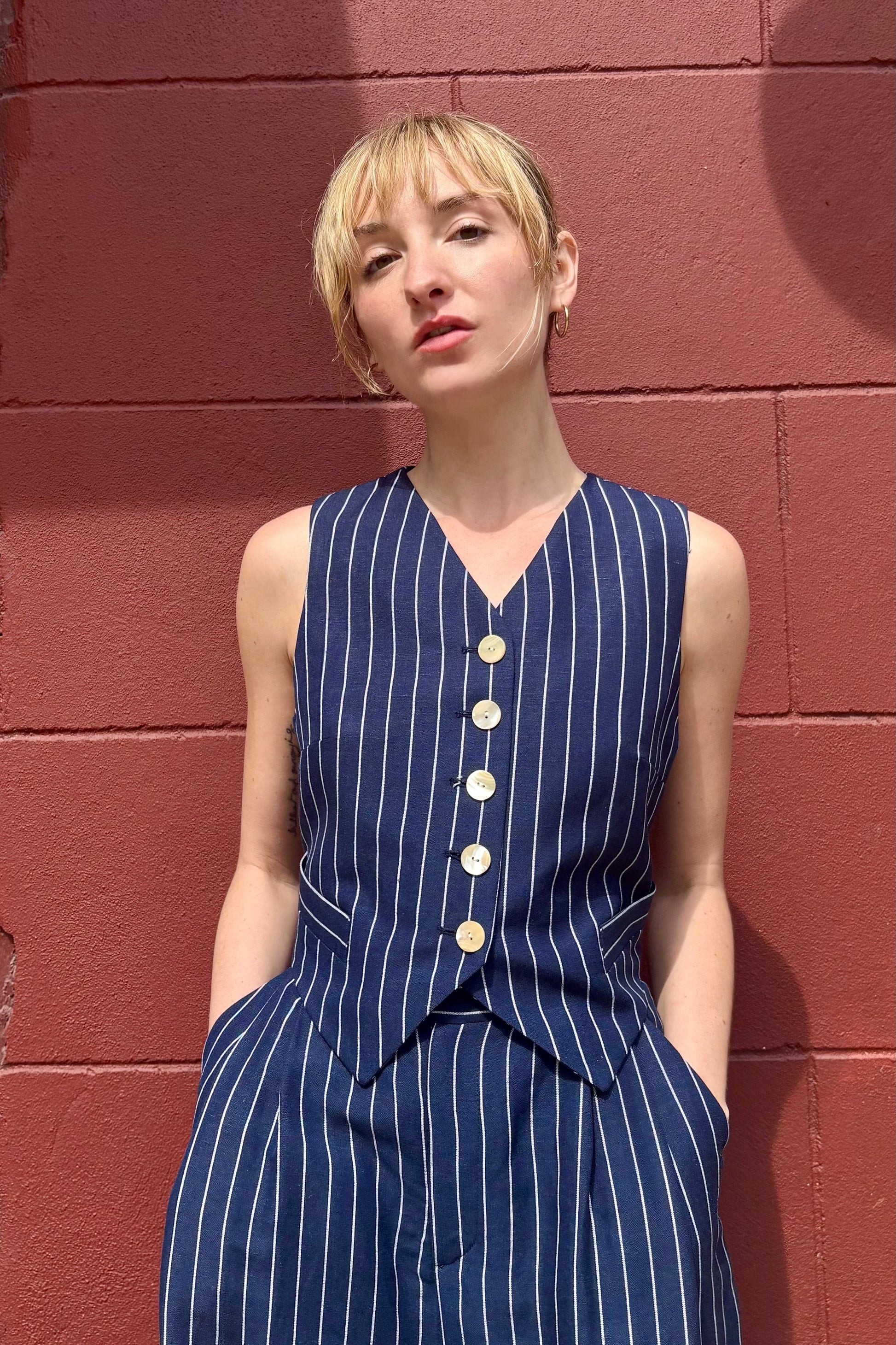Annie Vest in Linen Blend Vests CHRISTINE ALCALAY Midnight Stripe Extra Small