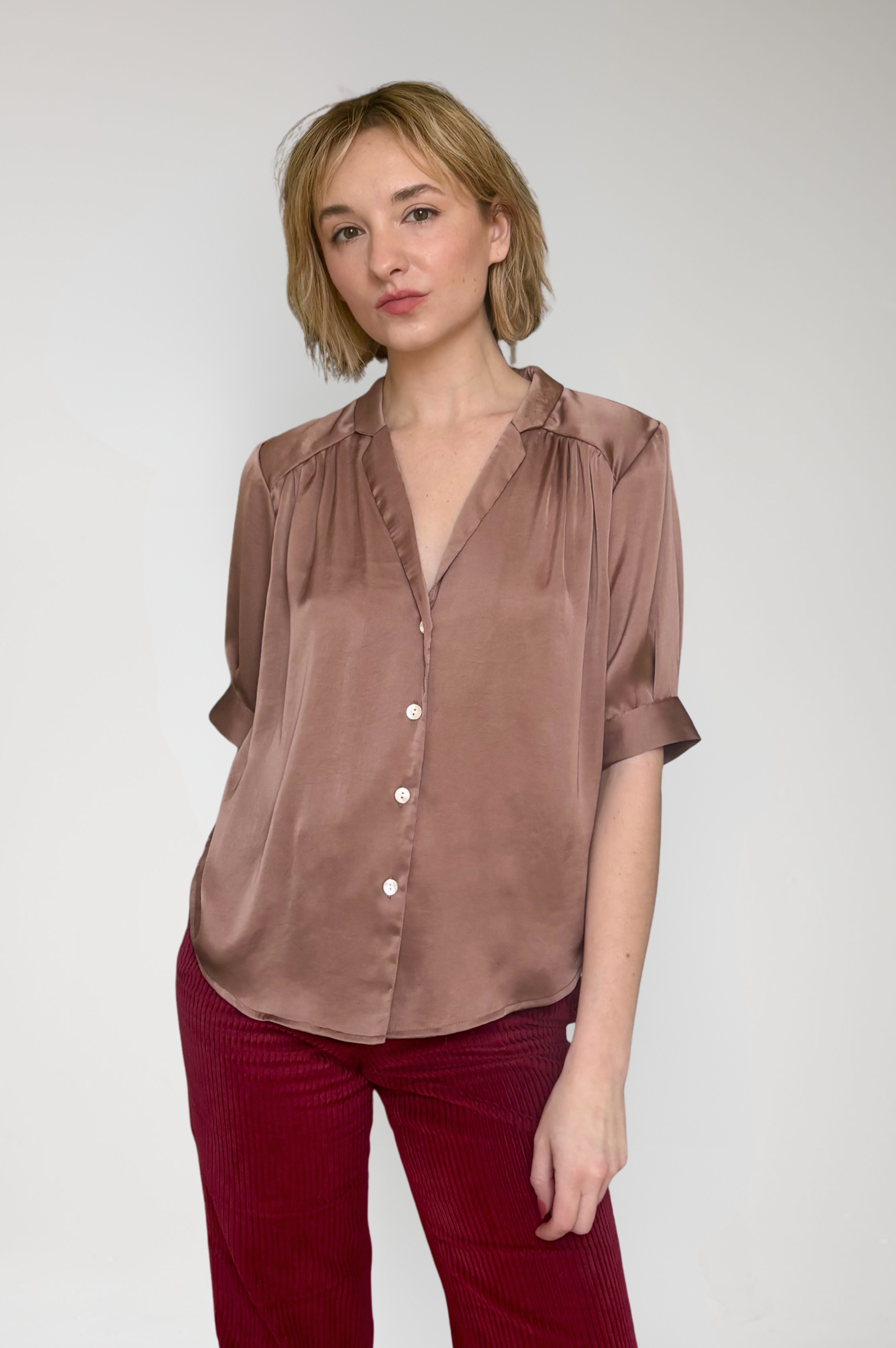 Katherine Blouse in Japanese Charmeuse - Biscotti Brown Tops CHRISTINE ALCALAY Biscotti Brown Extra Small