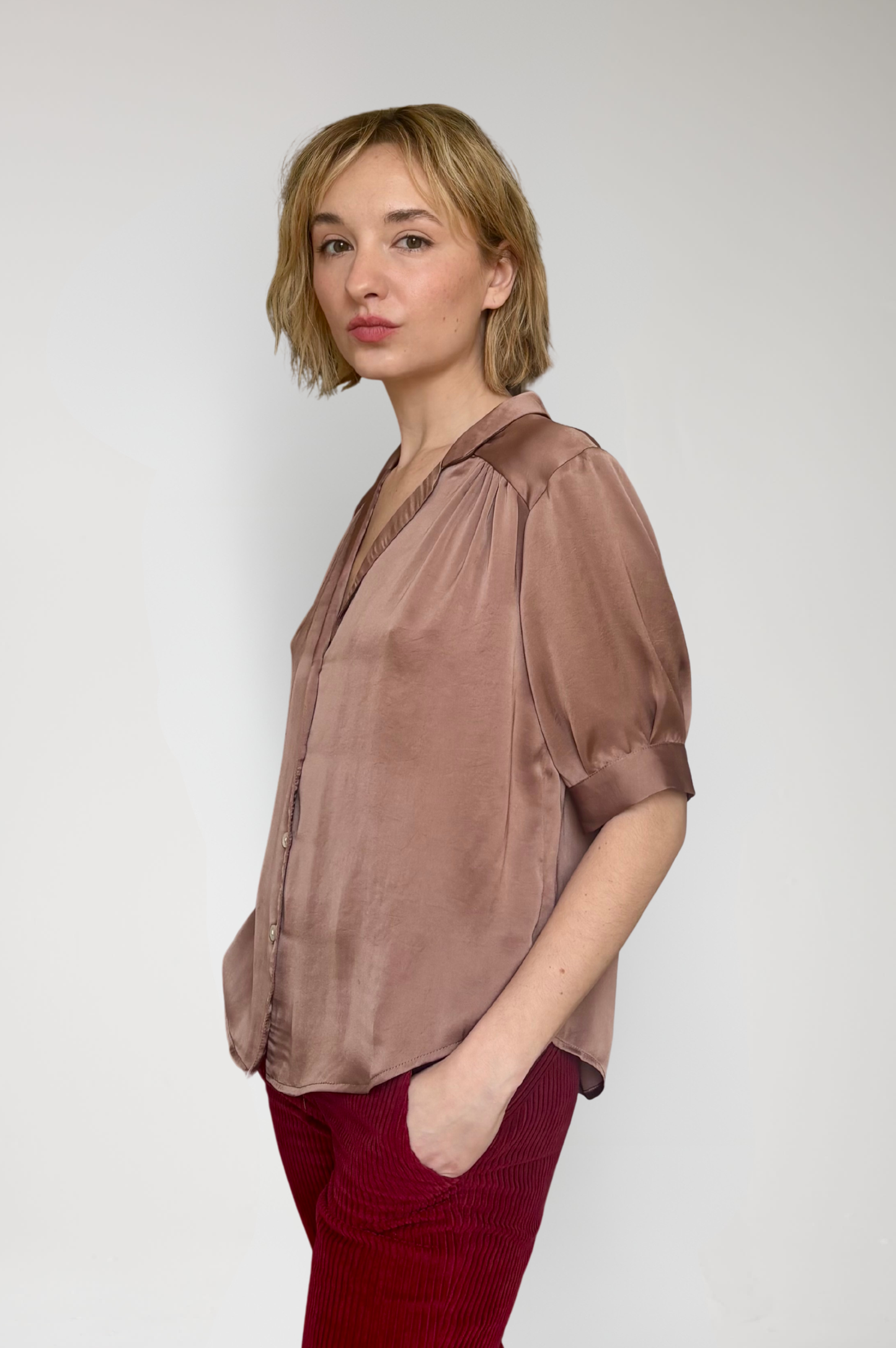 Katherine Blouse in Japanese Charmeuse - Biscotti Brown Tops CHRISTINE ALCALAY