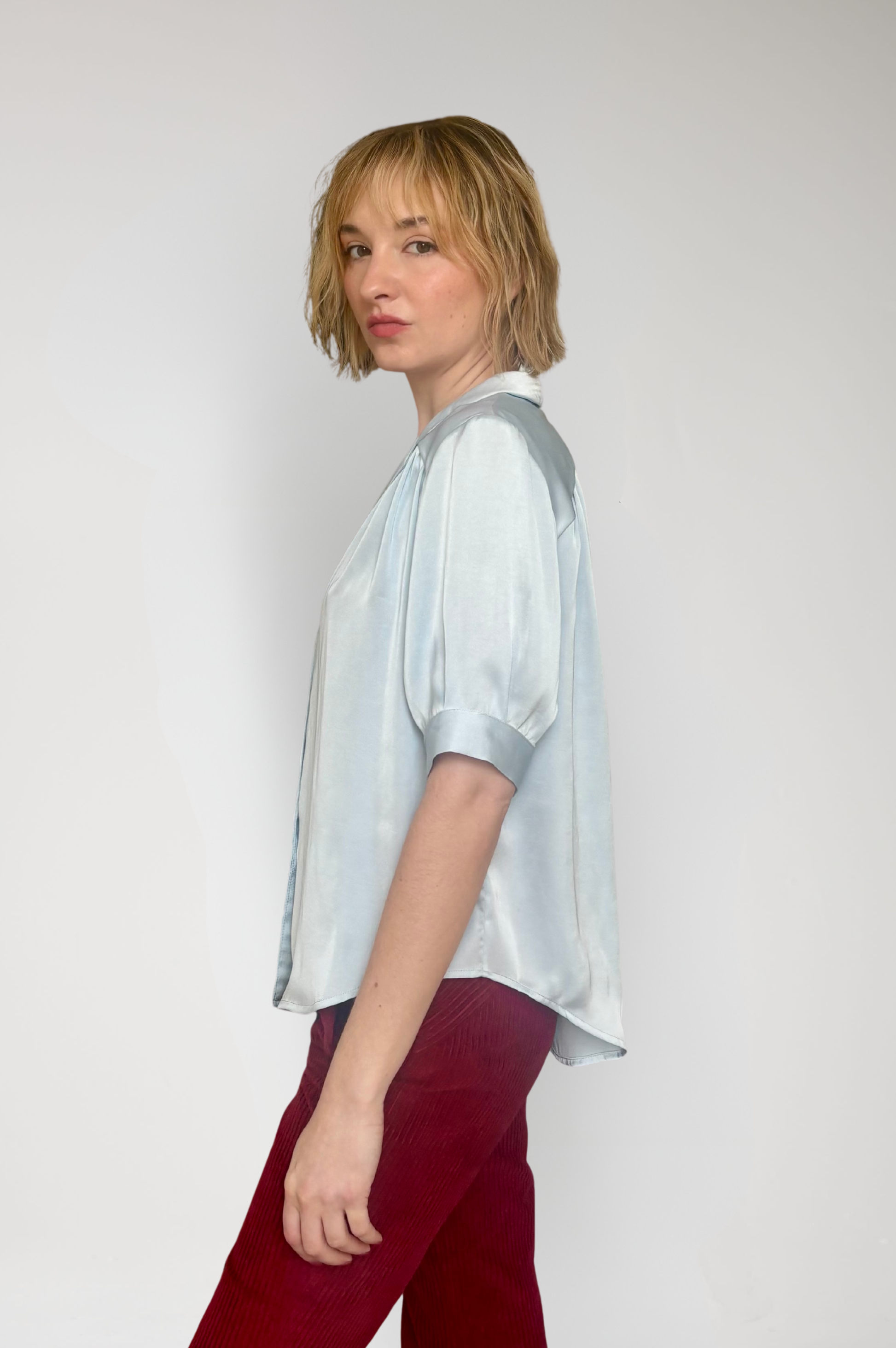 Katherine Blouse in Japanese Charmeuse - Mist Blue Tops CHRISTINE ALCALAY