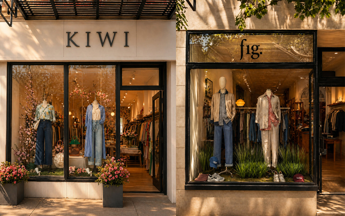 Two clothing stores, 'KIWI' and 'fig.', with mannequins and clothing displayed in their windows.