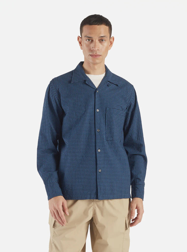 Gingham Seersucker L/S Camp Shirt Tops Universal Works Navy S 