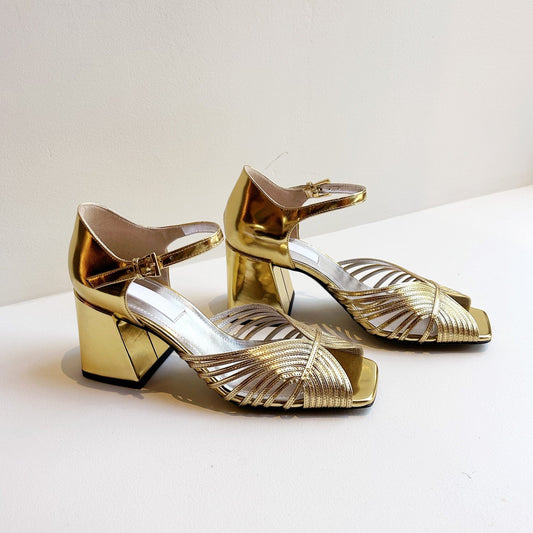 High 70's Sandal in Gold Mirror Shoes Suzanne Rae   