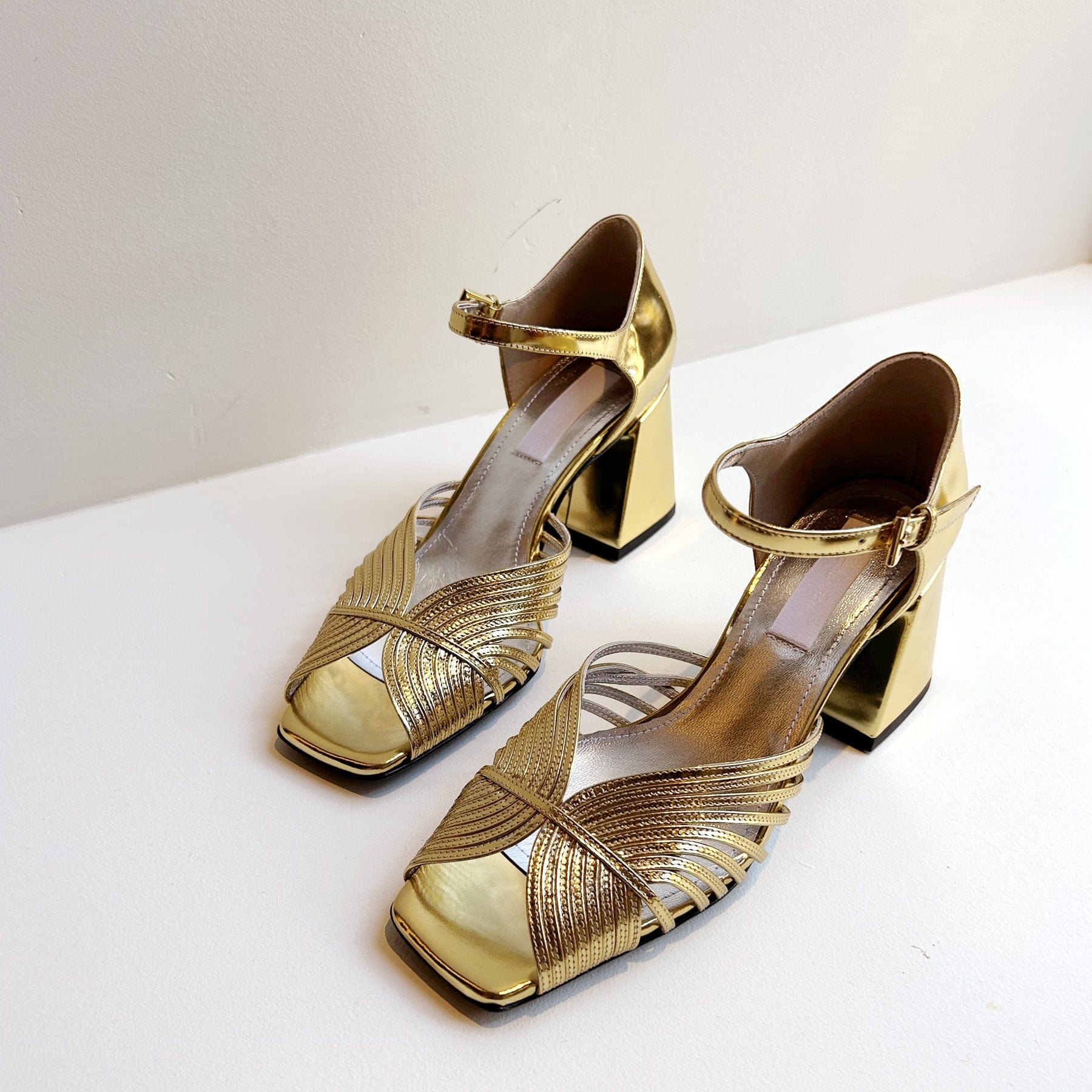 High 70's Sandal in Gold Mirror Shoes Suzanne Rae   