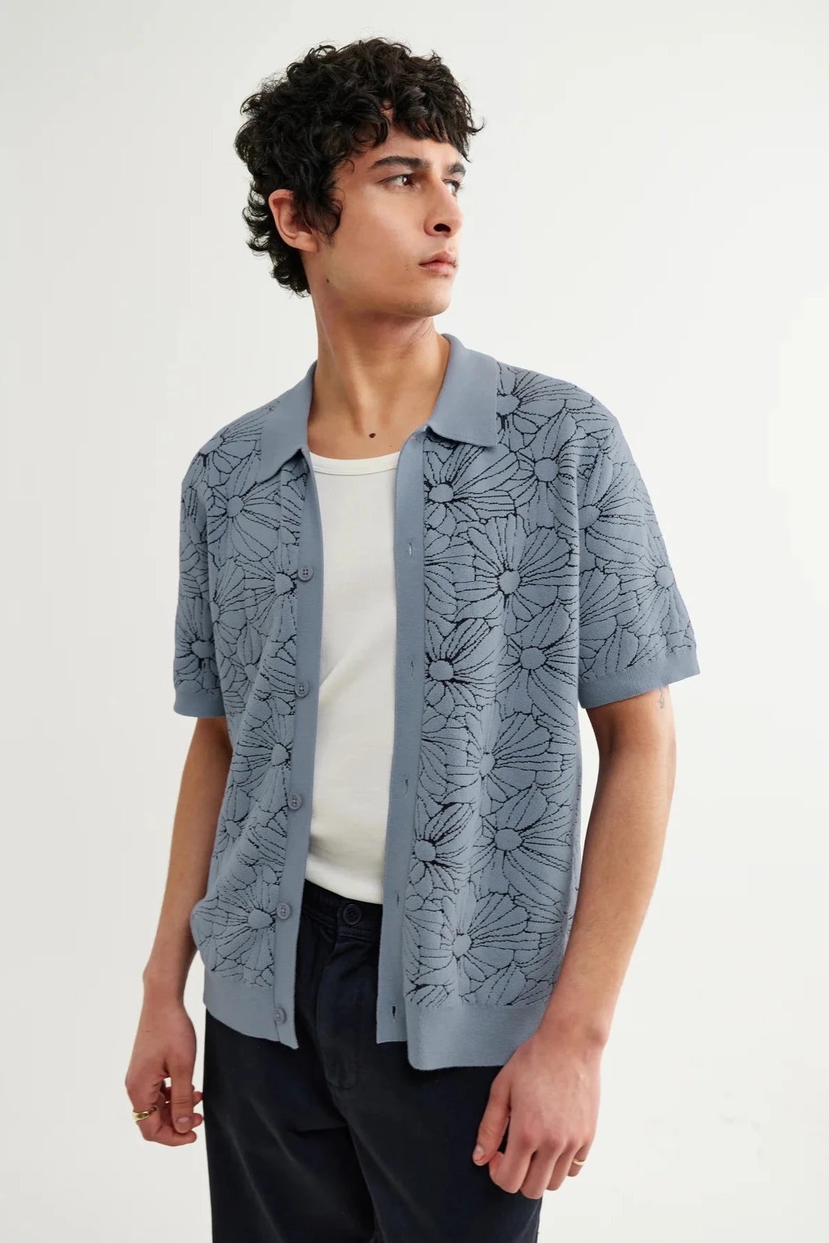 Tellaro S/S Knit Shirt - Flower Jacquard Tops Wax London