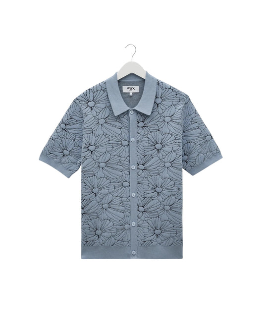 Tellaro S/S Knit Shirt - Flower Jacquard Tops Wax London Light Blue/Navy S