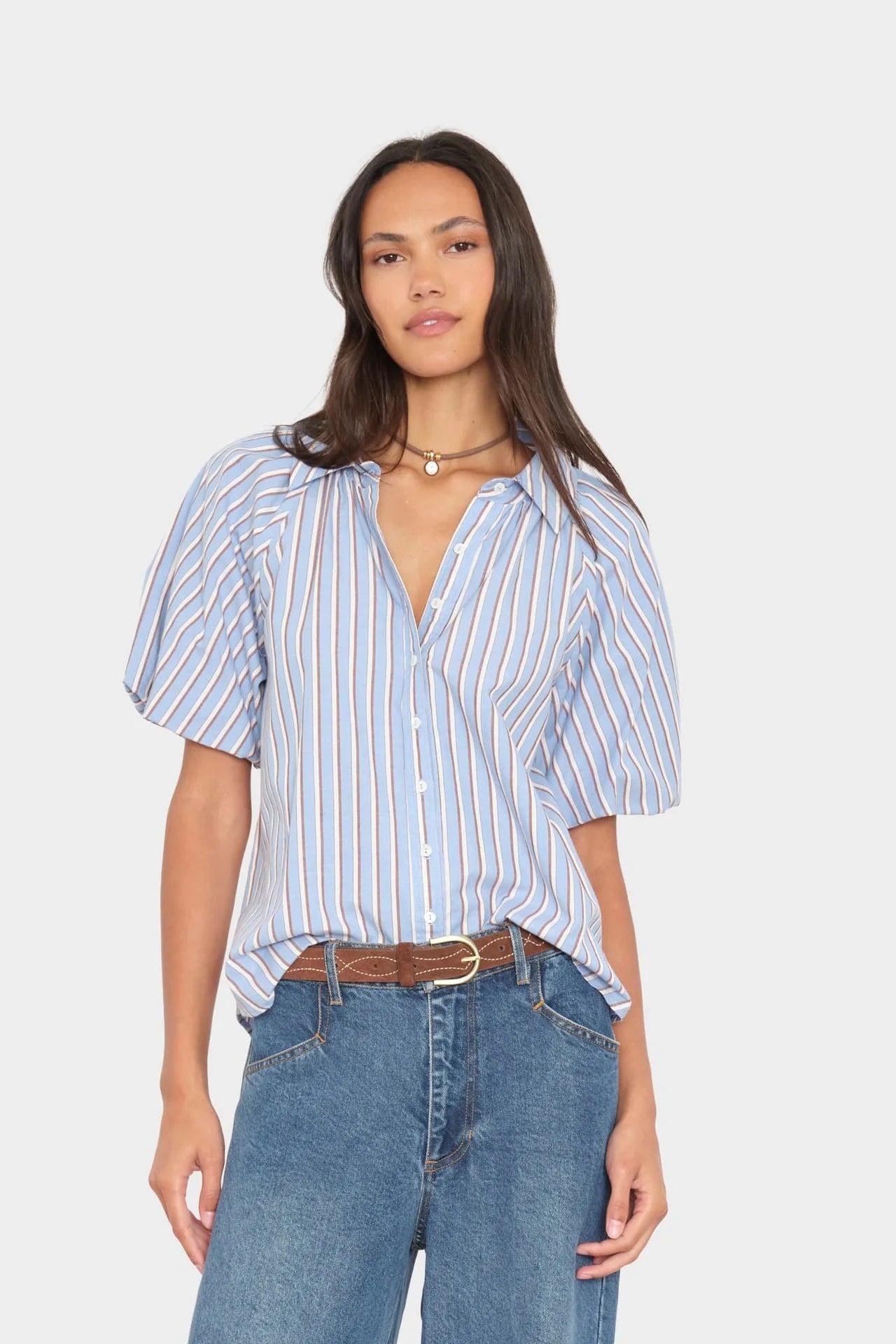 Light blue and white stripe button up top