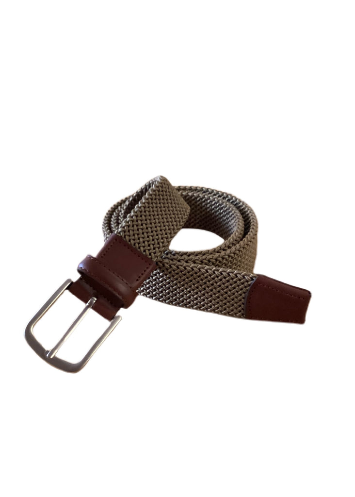 Woven Elastic Belt with Leather Tip, Belts from LEYVA in Taupe w/ Brown 32